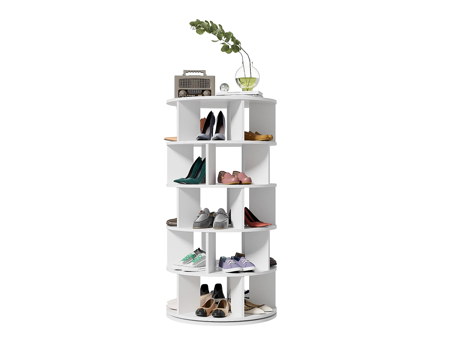 Meuble à chaussures d'angle rotatif avec 5 étagères - D 60 x H 115 cm - Panneau de particules - Blanc