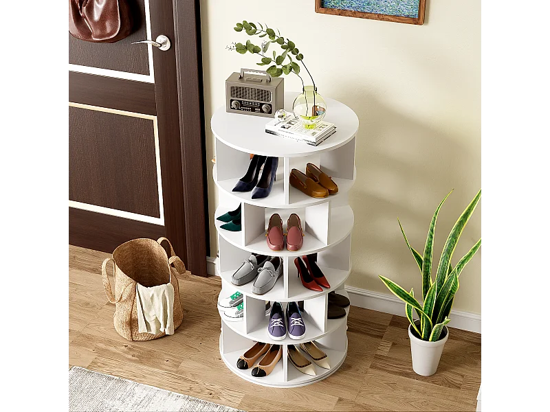 Meuble à chaussures d'angle rotatif avec 5 étagères - D 60 x H 115 cm - Panneau de particules - Blanc