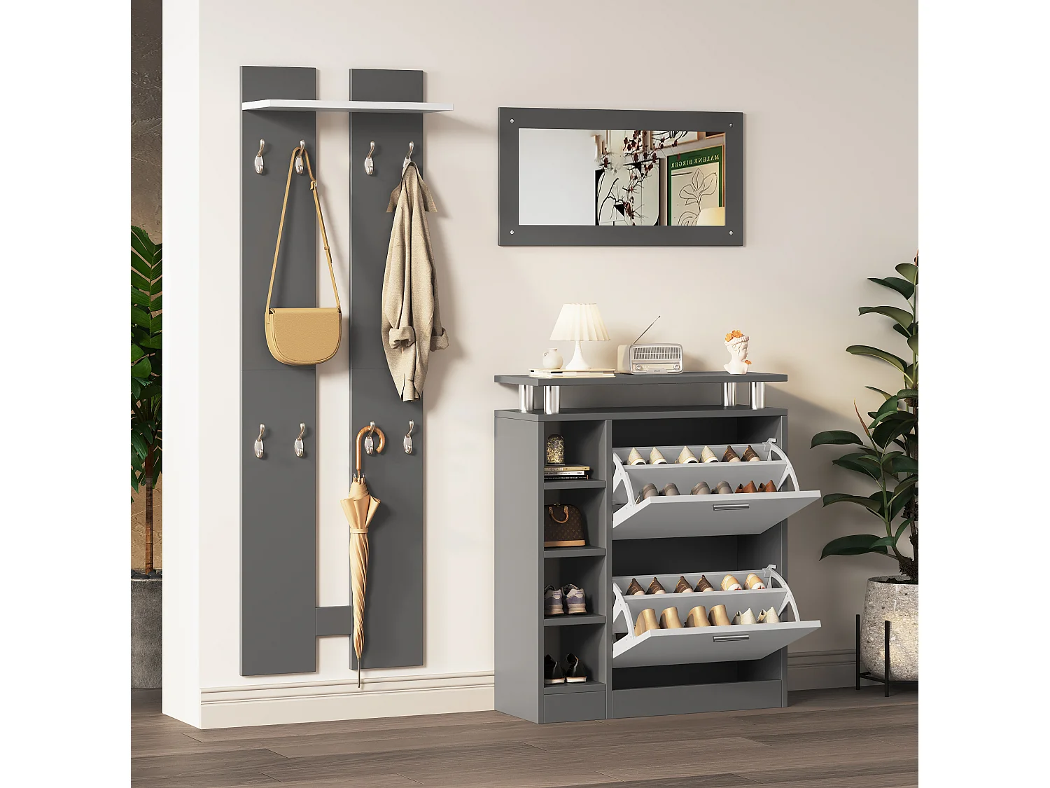 Set appendiabiti da parete + scarpiera + specchio - Truciolare - Grigio + bianco