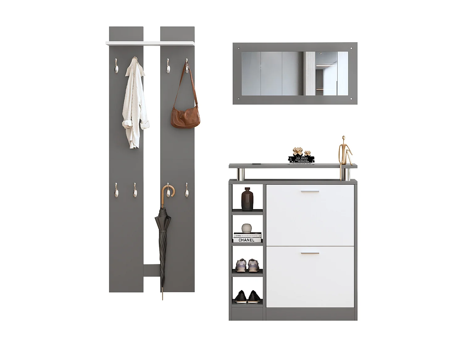 Ensemble porte-manteau mural + meuble à chaussures + miroir - Panneau de particules - Gris + blanc