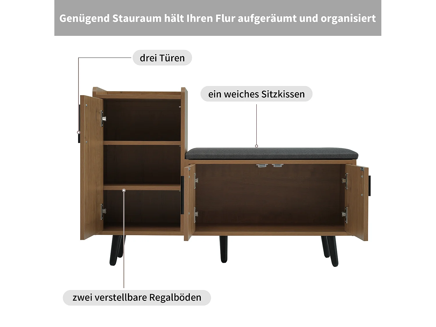 Nowoczesna ławka na buty z 3 drzwiami i poduszką - nogi i uchwyty metalowe - kolor naturalny - 100 x 34 x 69 cm