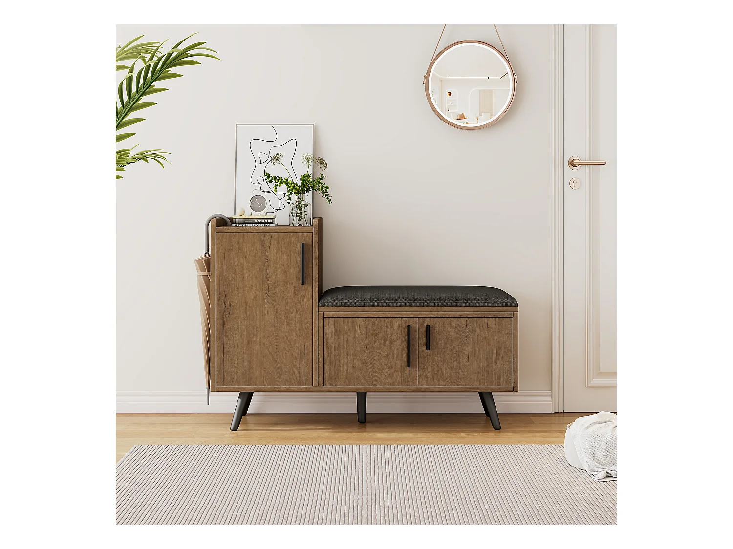 Moderne schoenenbank met 3 deuren en kussen - metalen poten en handgrepen - naturel kleur - 100 x 34 x 69 cm