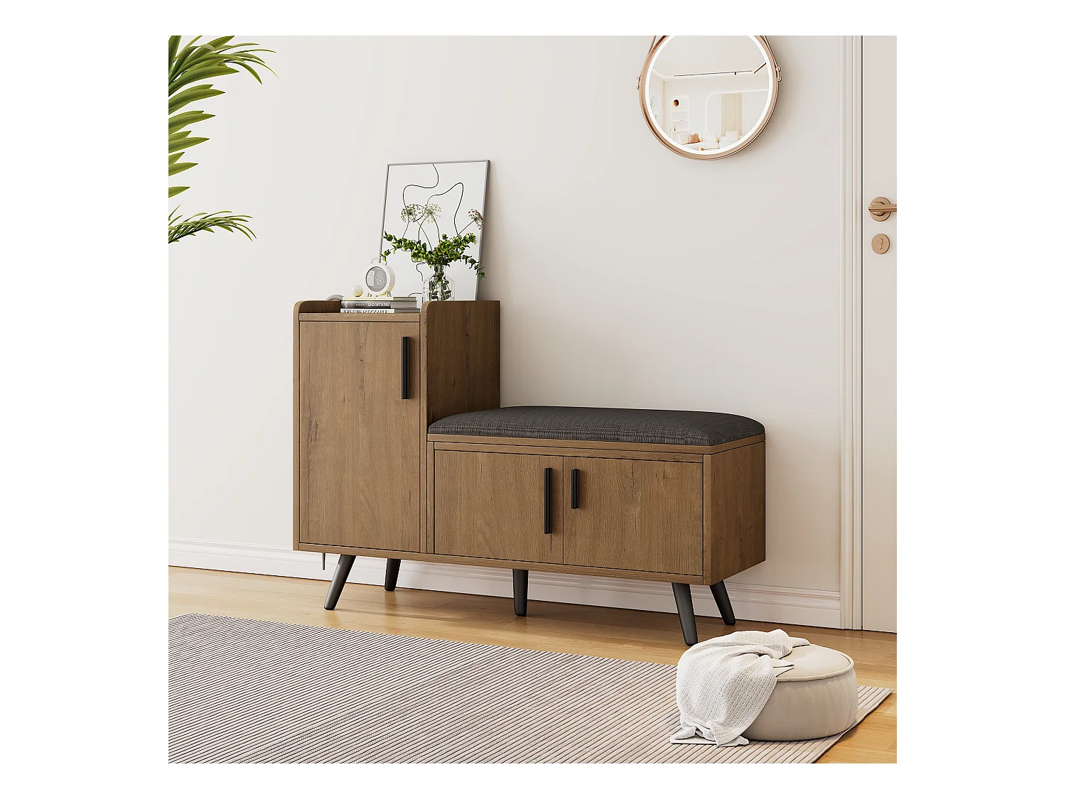 Moderne schoenenbank met 3 deuren en kussen - metalen poten en handgrepen - naturel kleur - 100 x 34 x 69 cm