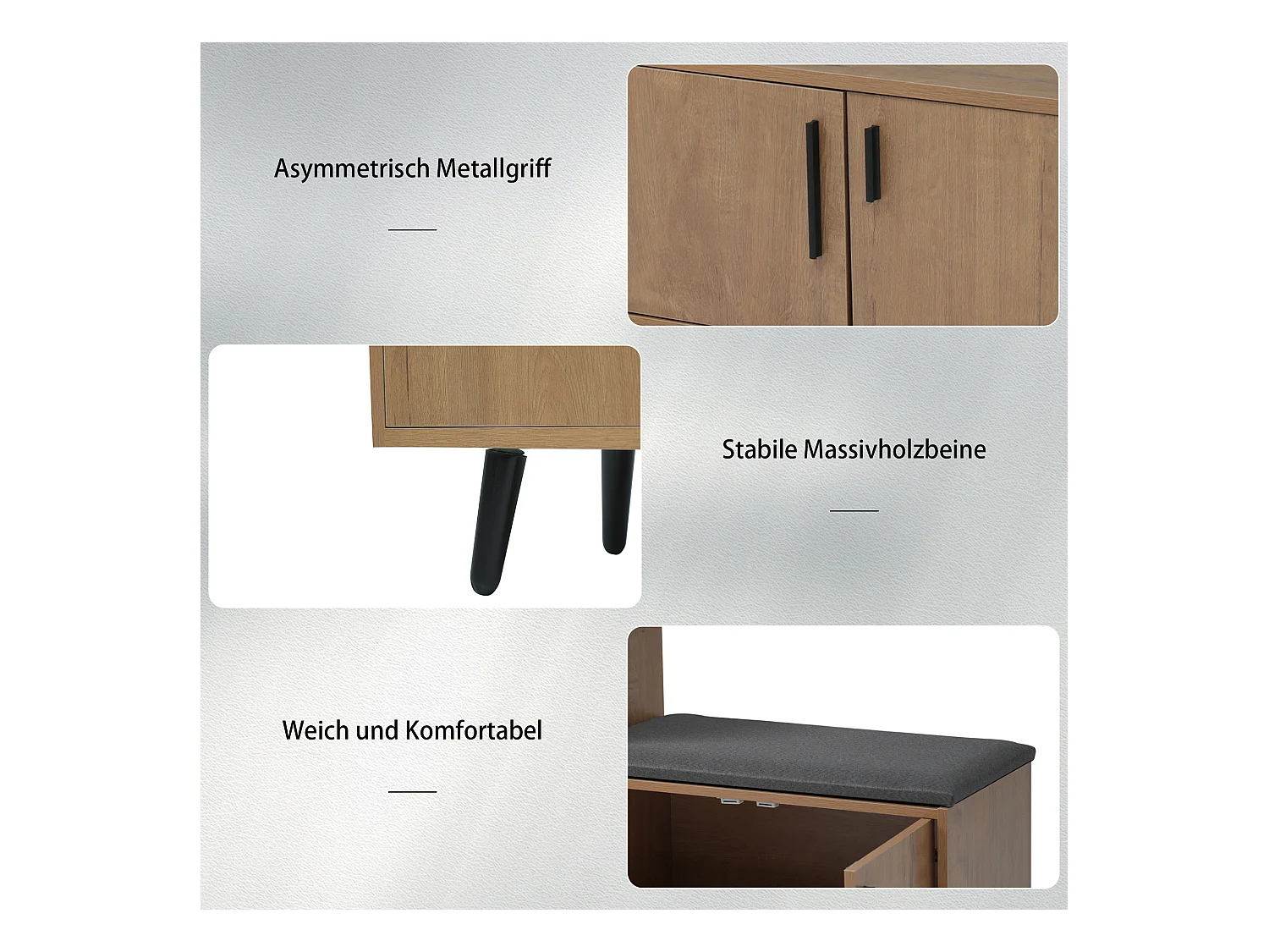 Moderne schoenenbank met 3 deuren en kussen - metalen poten en handgrepen - naturel kleur - 100 x 34 x 69 cm