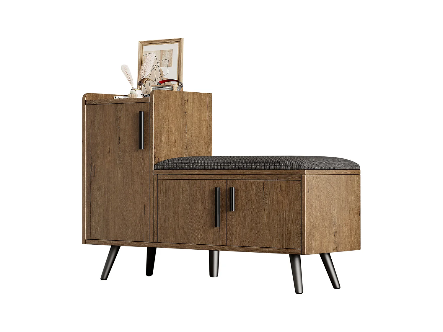 Moderne schoenenbank met 3 deuren en kussen - metalen poten en handgrepen - naturel kleur - 100 x 34 x 69 cm