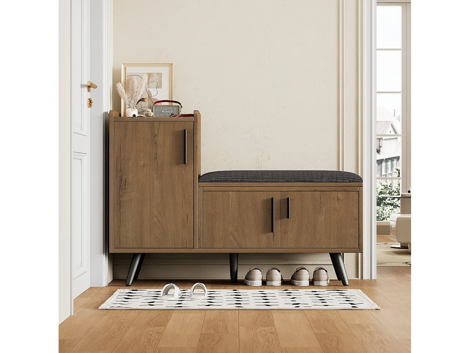 Banc à chaussures moderne avec 3 portes et coussin - pièds et poignées en métal - coloris naturel - 100 x 34 x 69 cm