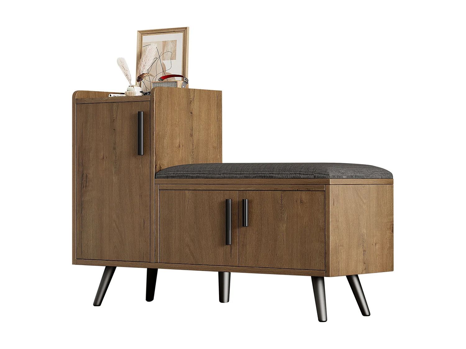 Banc à chaussures moderne avec 3 portes et coussin - pièds et poignées en métal - coloris naturel - 100 x 34 x 69 cm