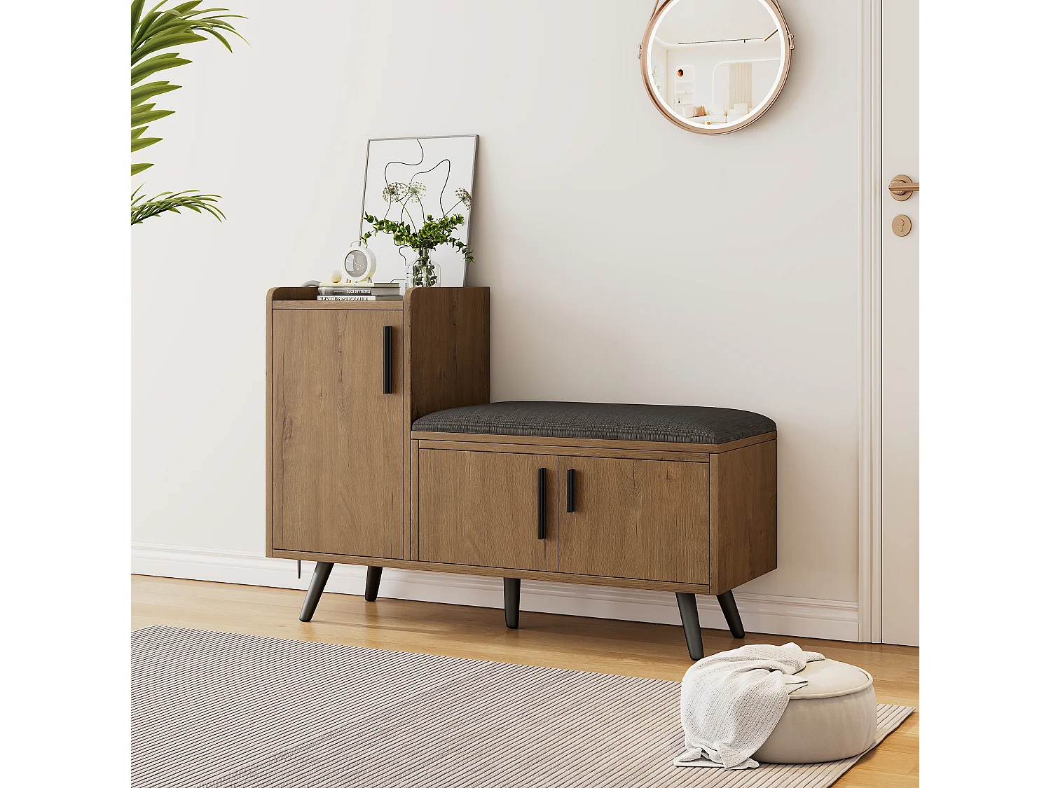 Banc à chaussures moderne avec 3 portes et coussin - pièds et poignées en métal - coloris naturel - 100 x 34 x 69 cm