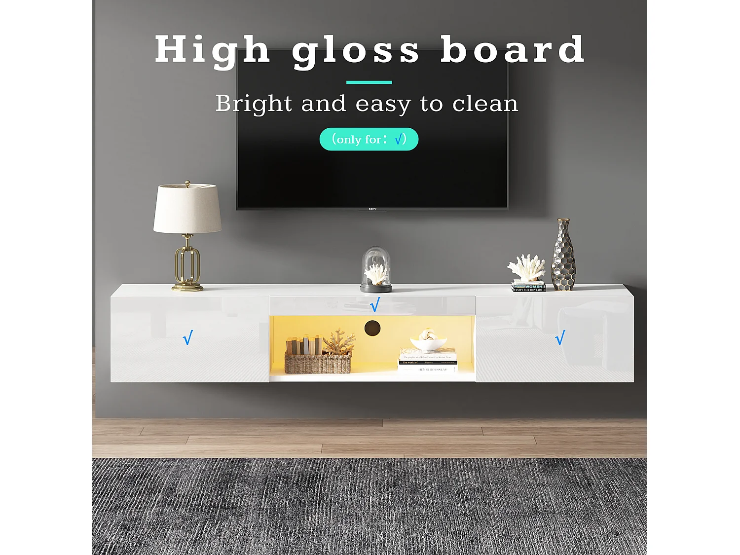 Meuble TV suspendu avec 2 portes et compartiment ouvert - 160 x 31 x 22 cm - LEDs - Panneau de particules - Blanc brillant