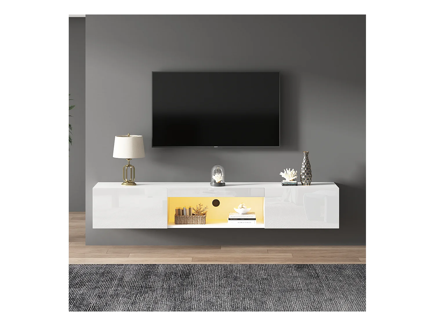 Meuble TV suspendu avec 2 portes et compartiment ouvert - 160 x 31 x 22 cm - LEDs - Panneau de particules - Blanc brillant