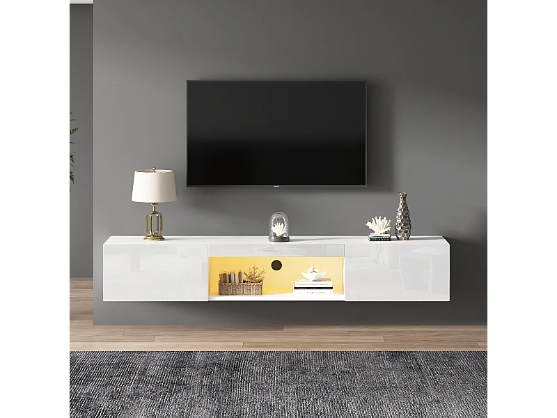 Meuble TV suspendu avec 2 portes et compartiment ouvert - 160 x 31 x 22 cm - LEDs - Panneau de particules - Blanc brillant