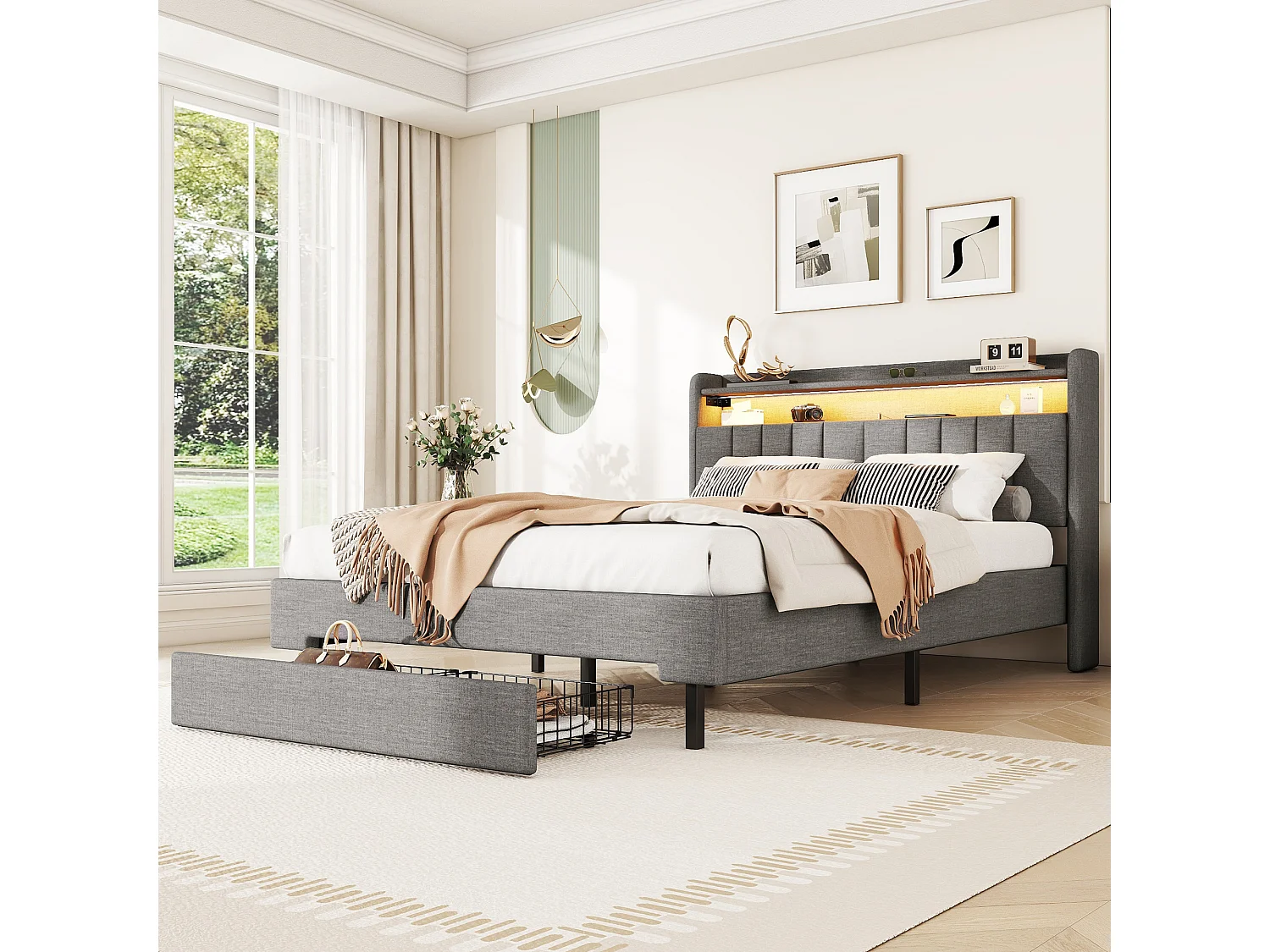 Lit double 140x200cm, avec 2 tiroirs, port charge, sommier à lattes et tête de lit LED avec espace de rangement, cotton Lin, gris