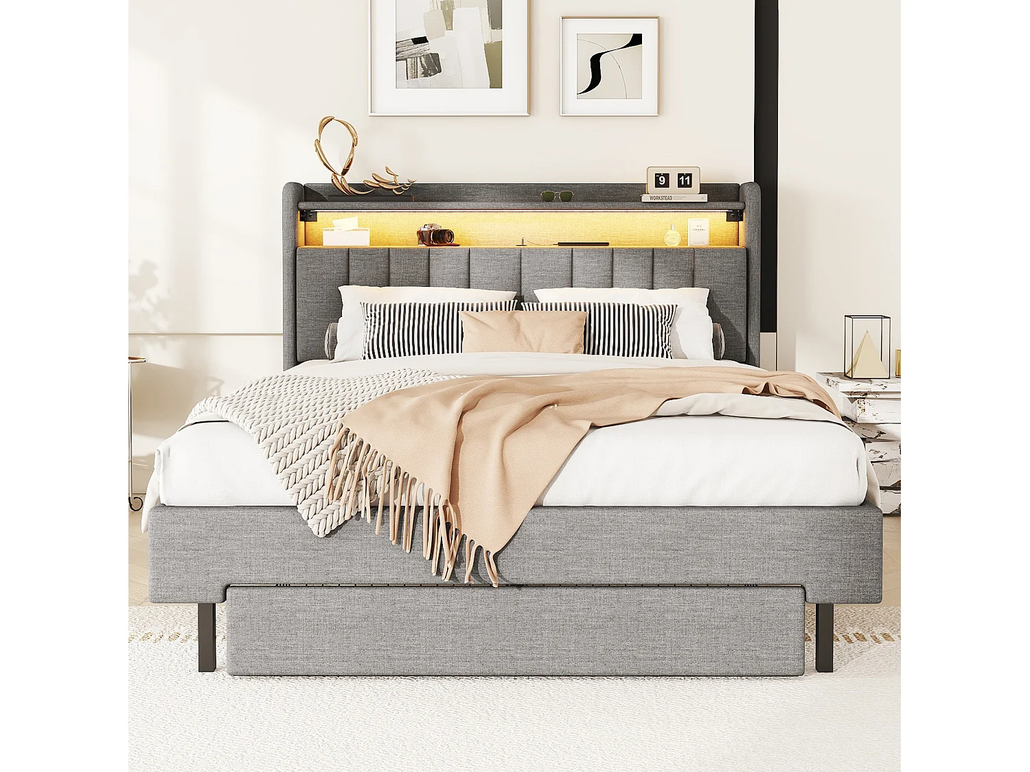 Lit double 140x200cm, avec 2 tiroirs, port charge, sommier à lattes et tête de lit LED avec espace de rangement, cotton Lin, gris
