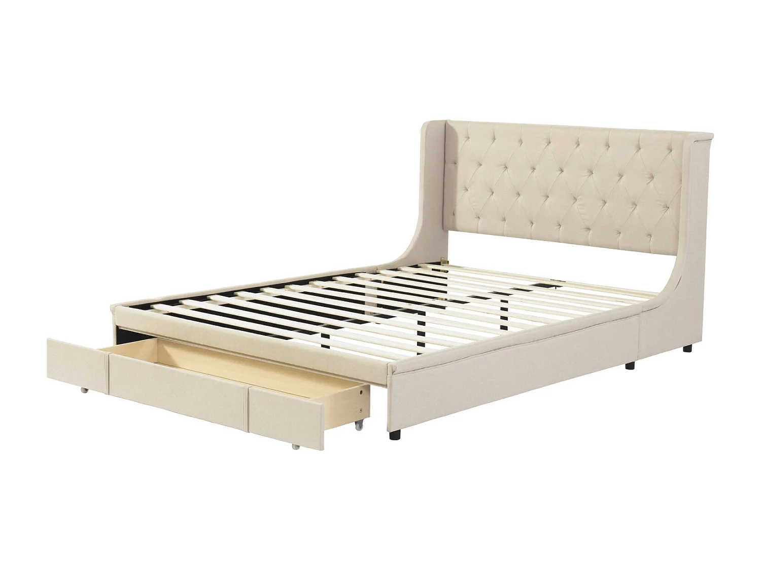 Tweepersoonsbed 140x200 cm met grote lades - gestoffeerd bed met lattenbodem en pro-lin stoffen rugleuning - beige volwassen bed