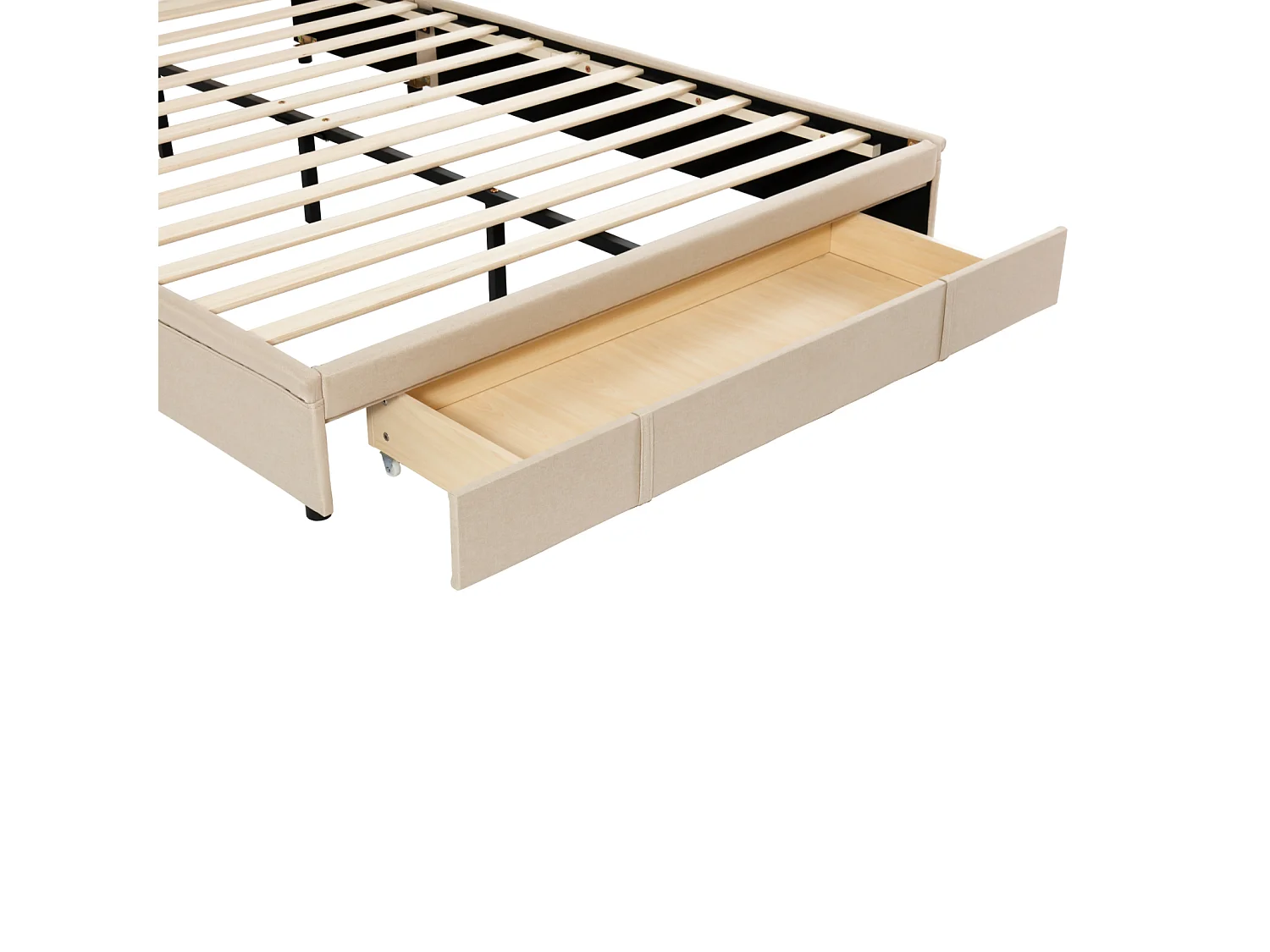 Tweepersoonsbed 140x200 cm met grote lades - gestoffeerd bed met lattenbodem en pro-lin stoffen rugleuning - beige volwassen bed