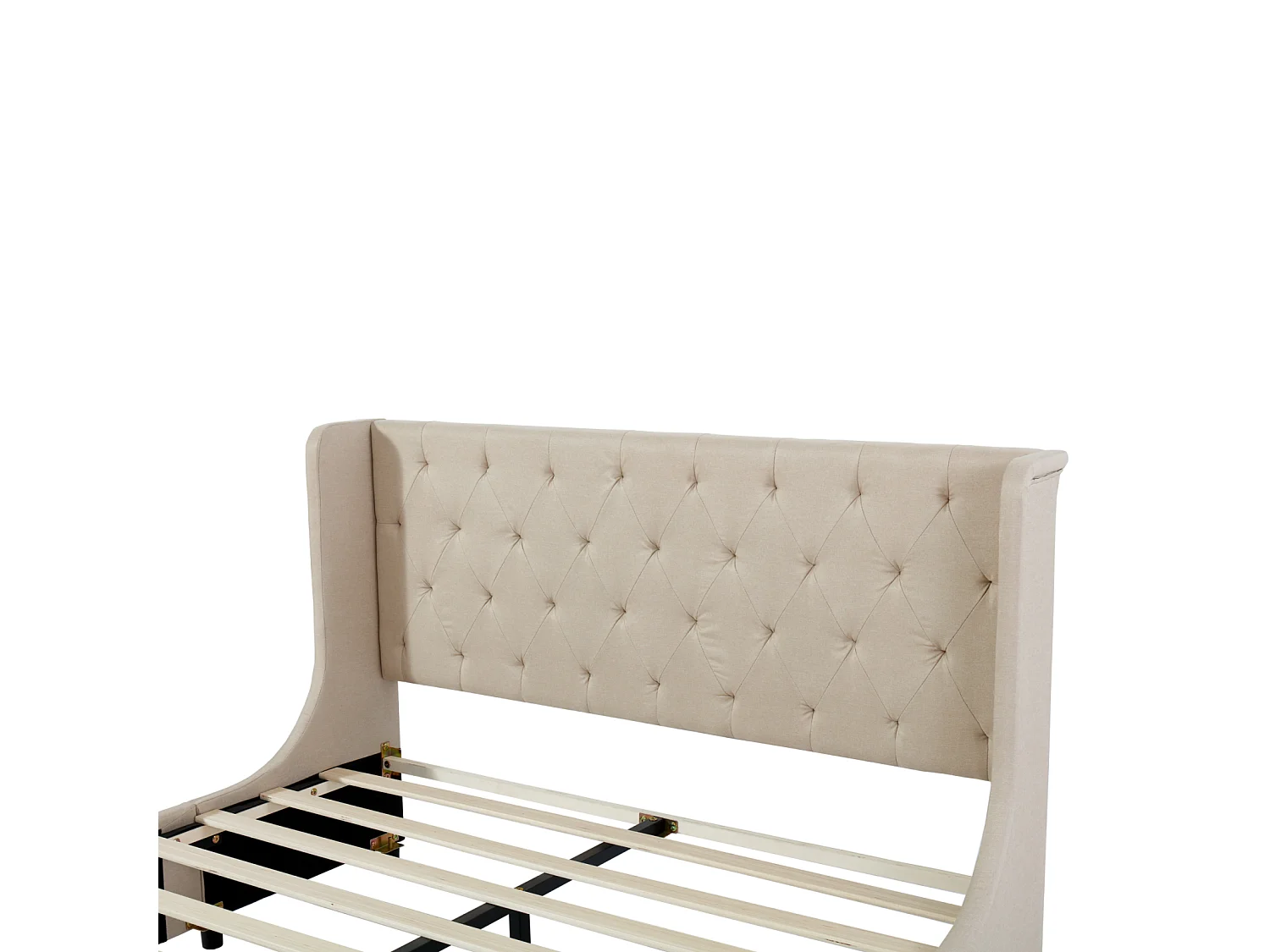 Tweepersoonsbed 140x200 cm met grote lades - gestoffeerd bed met lattenbodem en pro-lin stoffen rugleuning - beige volwassen bed