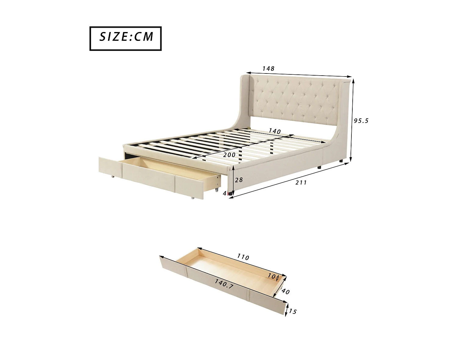 Lit double 140x200 cm avec grands tiroir - lit capitonné avec sommier à lattes et dossier de lit en tissu pro-lin - lit adulte beige