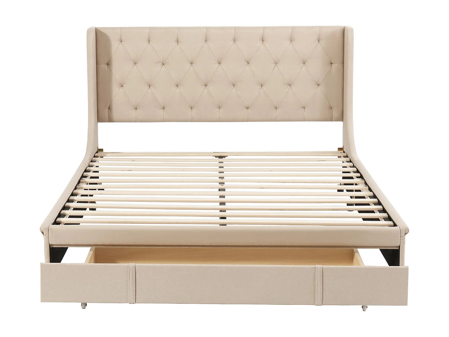 Lit double 140x200 cm avec grands tiroir - lit capitonné avec sommier à lattes et dossier de lit en tissu pro-lin - lit adulte beige