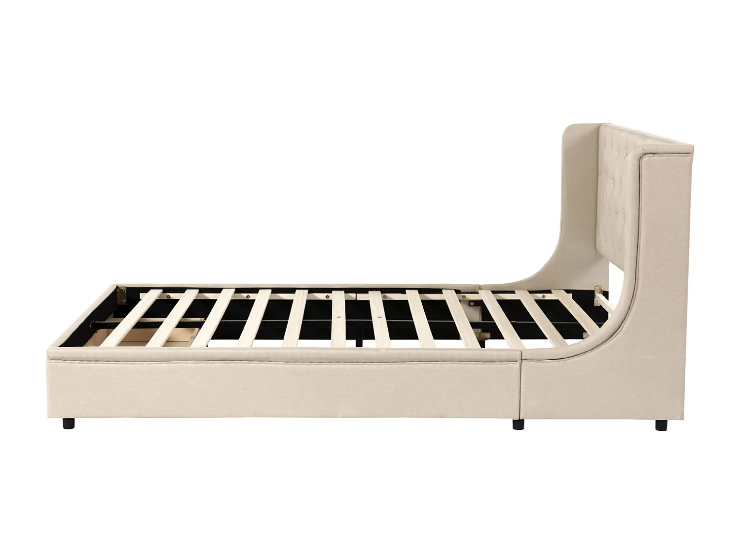 Lit double 140x200 cm avec grands tiroir - lit capitonné avec sommier à lattes et dossier de lit en tissu pro-lin - lit adulte beige