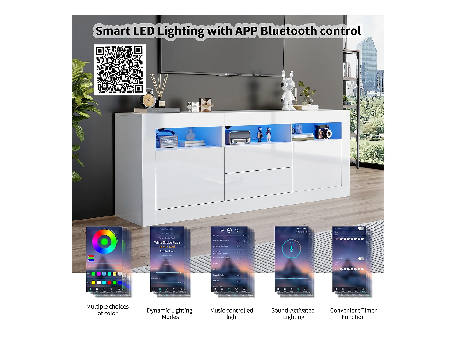 TV-meubel met 3 open vakken, 2 deuren en 2 lades - 160 x 35 x 60 cm - Spaanplaat - LED's - Glanzend wit