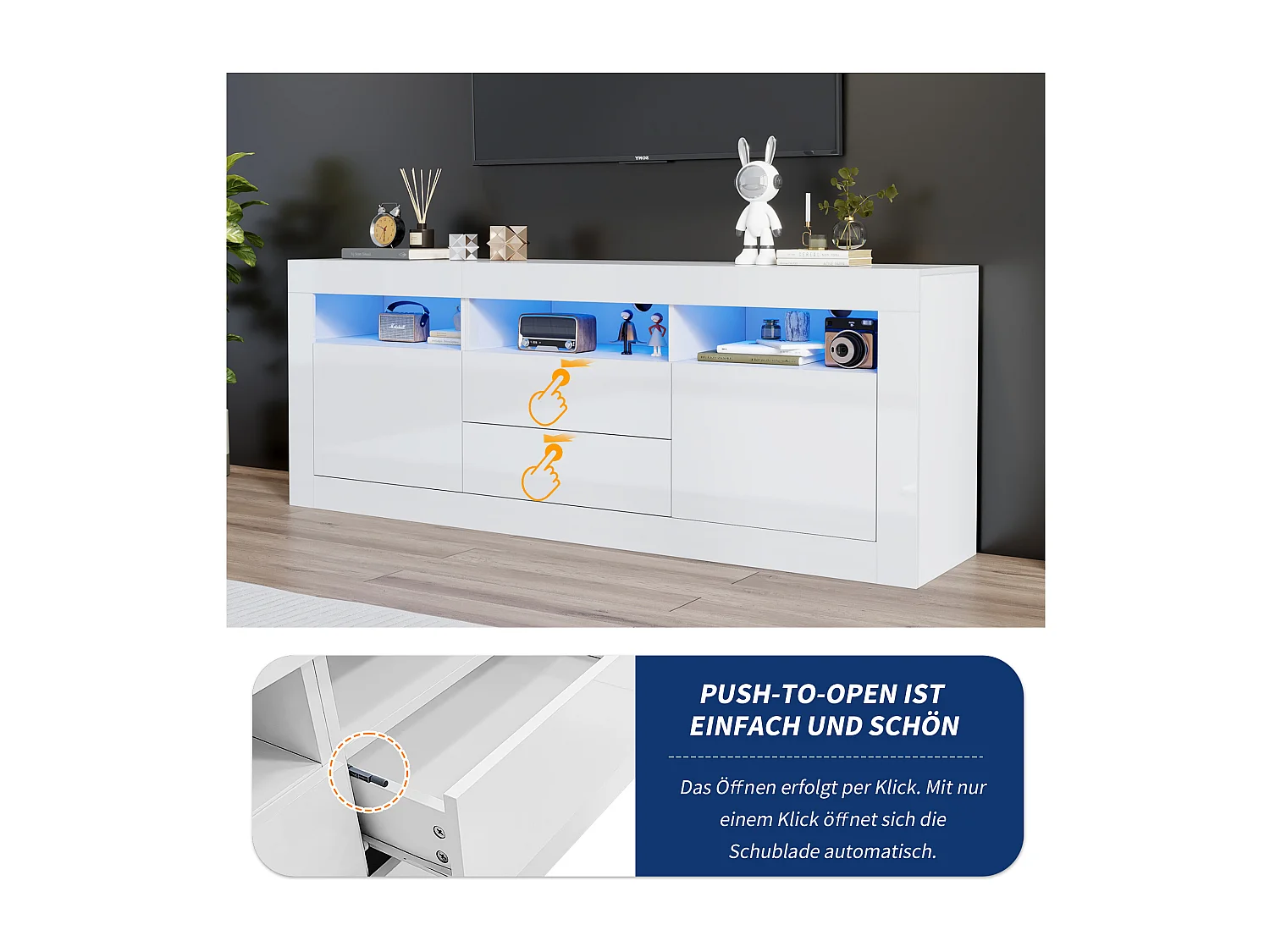 TV-meubel met 3 open vakken, 2 deuren en 2 lades - 160 x 35 x 60 cm - Spaanplaat - LED's - Glanzend wit