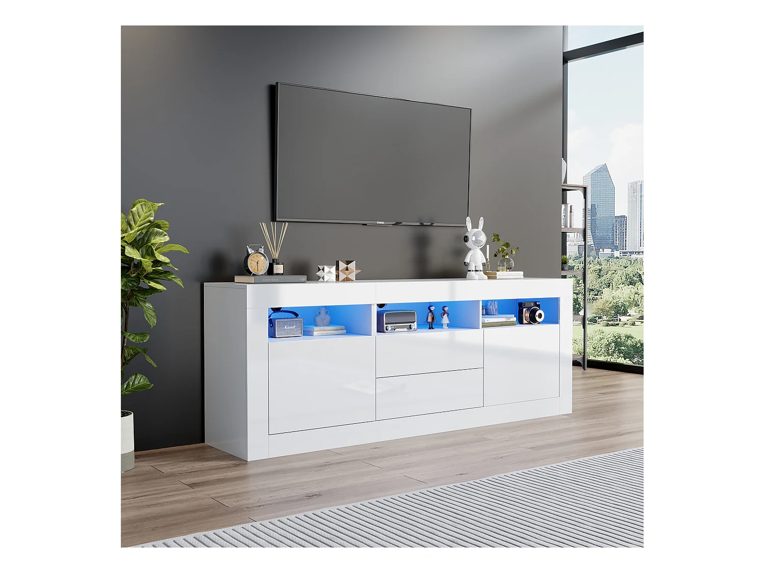 Meuble TV avec 3 compartiments ouverts, 2 portes et 2 tiroirs - 160 x 35 x 60 cm - Panneau de particules - LEDs - Blanc brillant