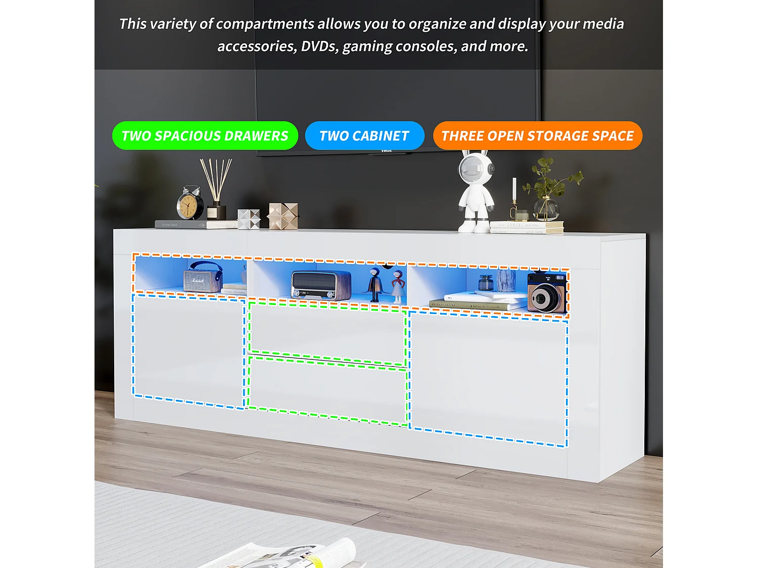 Meuble TV avec 3 compartiments ouverts, 2 portes et 2 tiroirs - 160 x 35 x 60 cm - Panneau de particules - LEDs - Blanc brillant