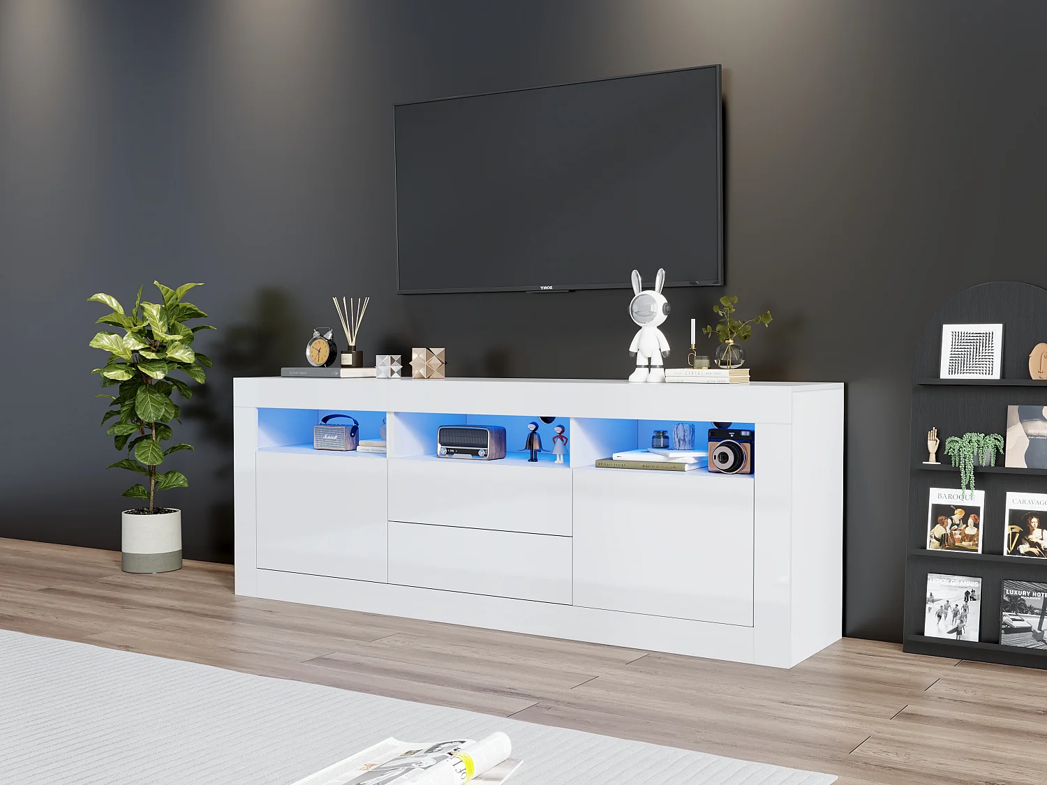 Meuble TV avec 3 compartiments ouverts, 2 portes et 2 tiroirs - 160 x 35 x 60 cm - Panneau de particules - LEDs - Blanc brillant