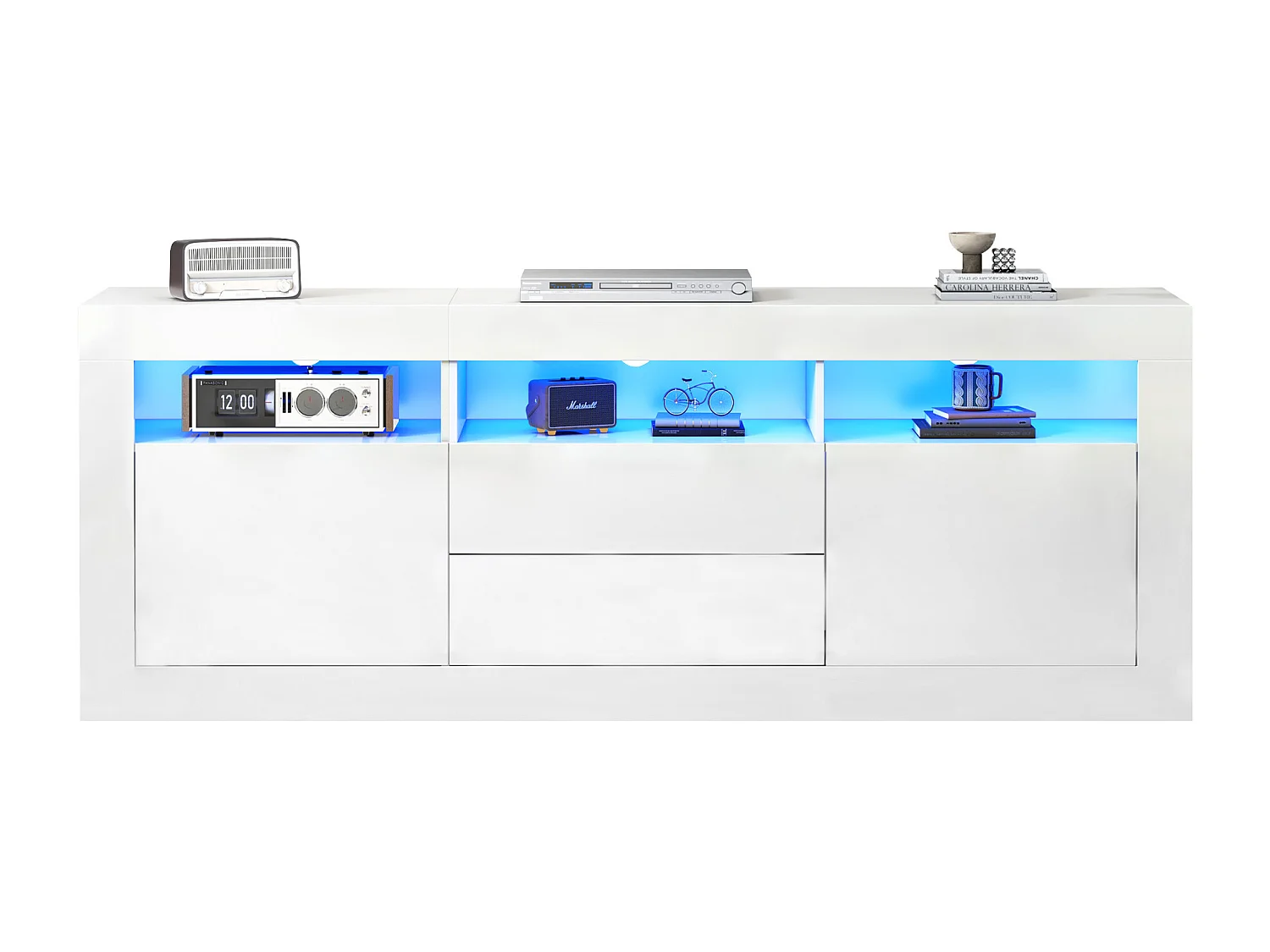 Meuble TV avec 3 compartiments ouverts, 2 portes et 2 tiroirs - 160 x 35 x 60 cm - Panneau de particules - LEDs - Blanc brillant