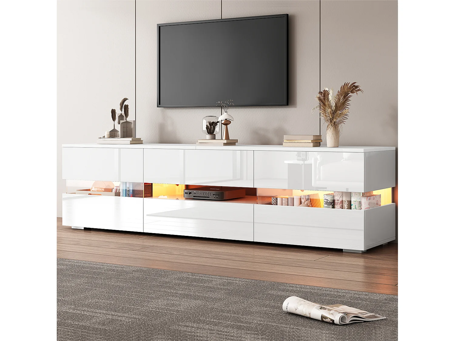 Meuble TV avec 4 portes, 2 tiroirs, compartiment ouvert - 160 x 39 x 45 cm - Panneau de particules - LEDs - Blanc brillant