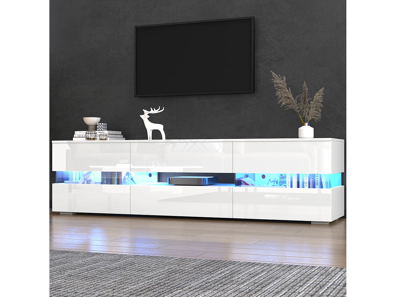 Meuble TV avec 4 portes, 2 tiroirs, compartiment ouvert - 160 x 39 x 45 cm - Panneau de particules - LEDs - Blanc brillant