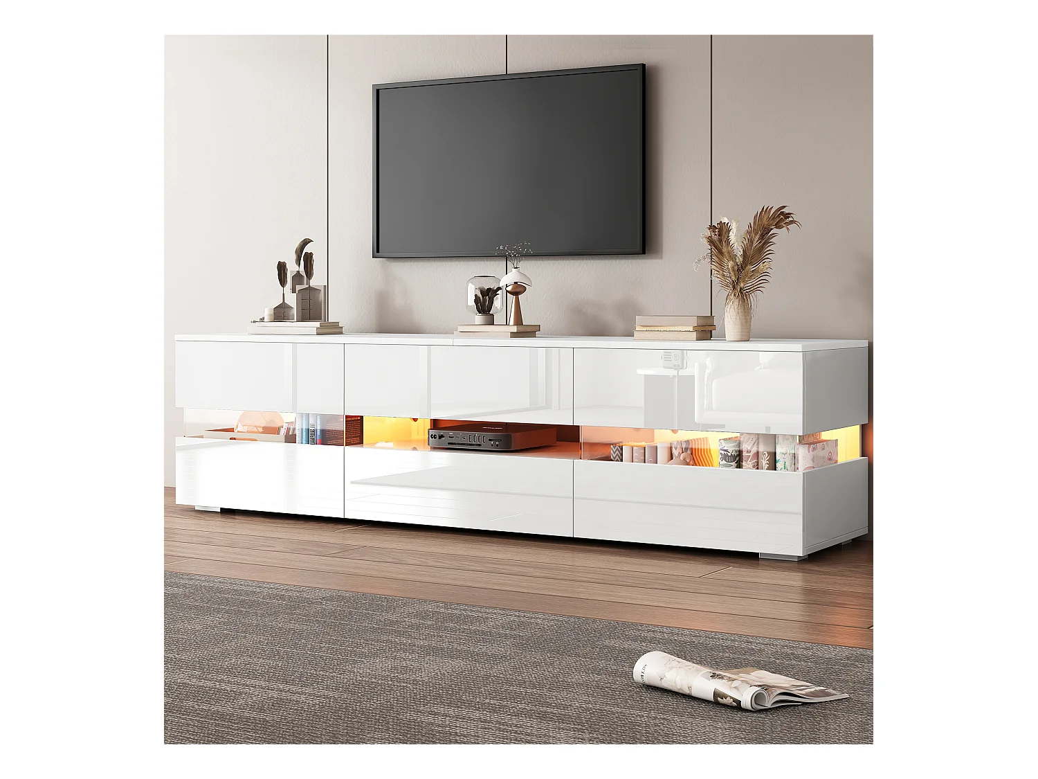 TV-Schrank mit 4 Türen, 2 Schubladen, offenem Fach – 160 x 39 x 45 cm – Spanplatte – LEDs – glänzend weiß