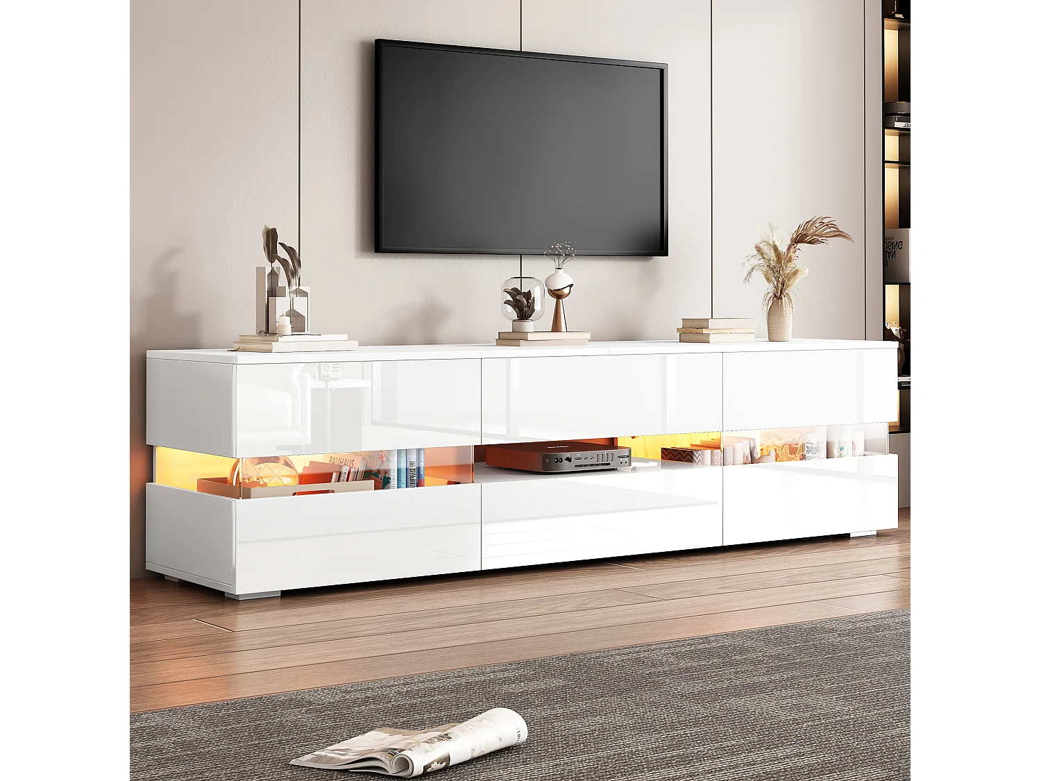 Mobile TV con 4 ante, 2 cassetti, vano a giorno - 160 x 39 x 45 cm - Truciolare - LED - Bianco lucido