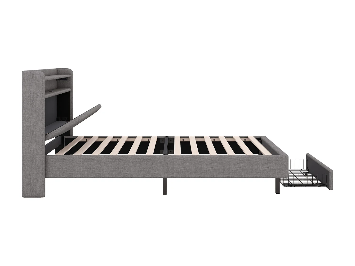 Eenpersoonsbed 90x200cm, met 1 lade, oplaadpunt, lattenbodem en LED-hoofdbord met opbergruimte, katoenen linnen, grijs