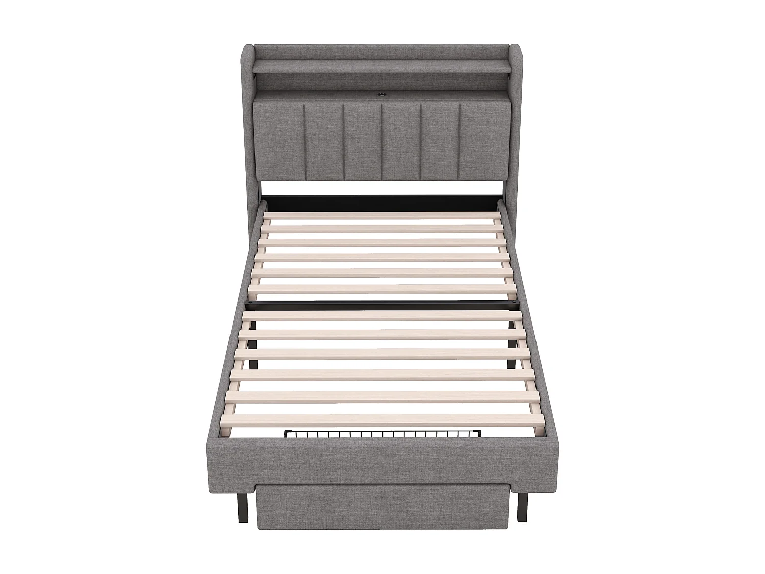 Eenpersoonsbed 90x200cm, met 1 lade, oplaadpunt, lattenbodem en LED-hoofdbord met opbergruimte, katoenen linnen, grijs