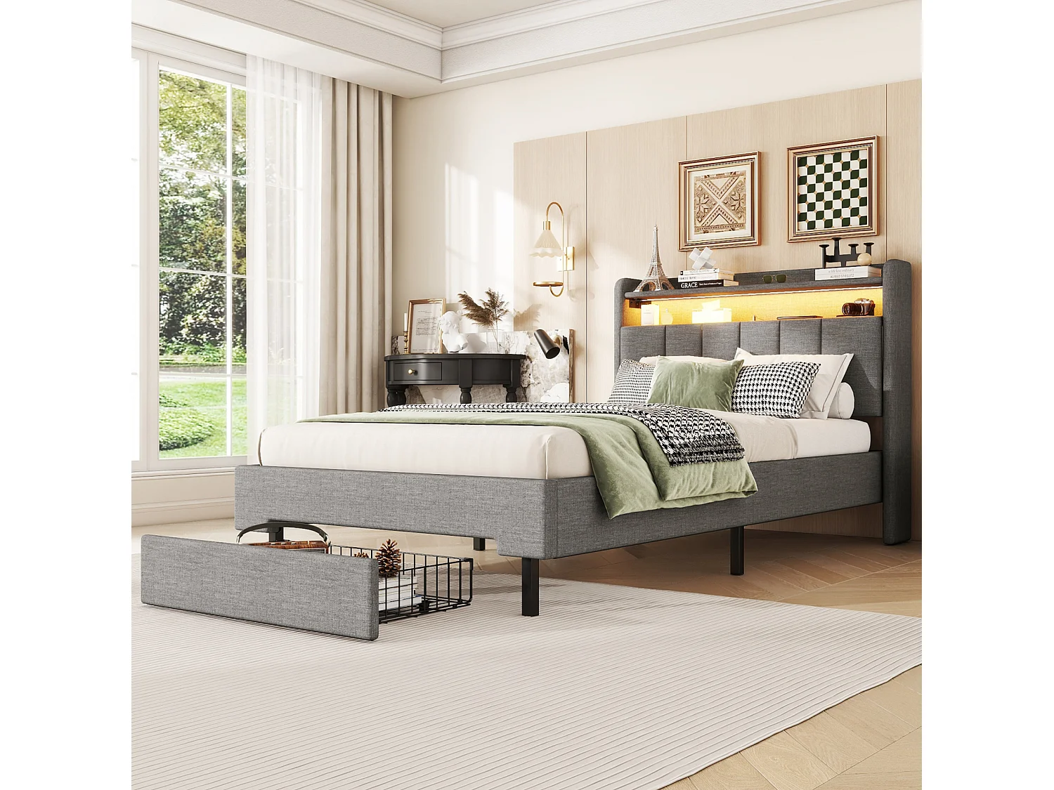 Cama individual 90x200cm, con 1 cajón, puerto de carga, somier y cabecero LED con espacio de almacenamiento, lino de algodón, gris