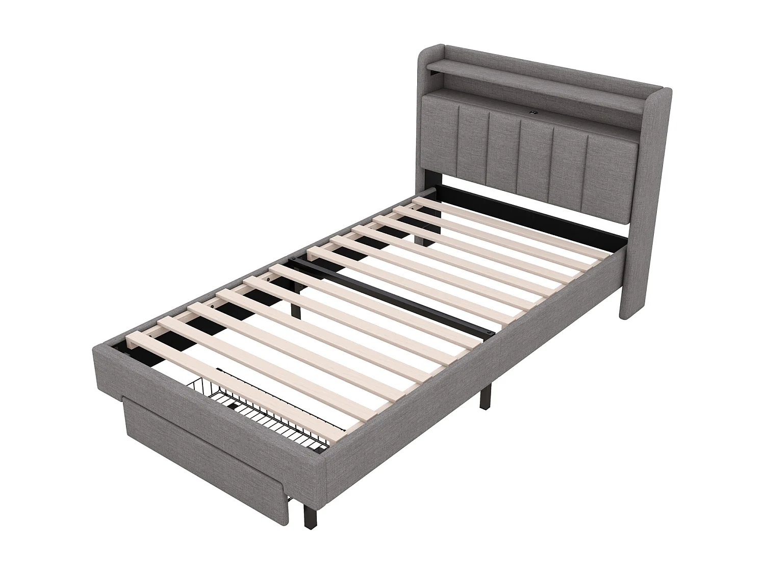 Cama individual 90x200cm, con 1 cajón, puerto de carga, somier y cabecero LED con espacio de almacenamiento, lino de algodón, gris