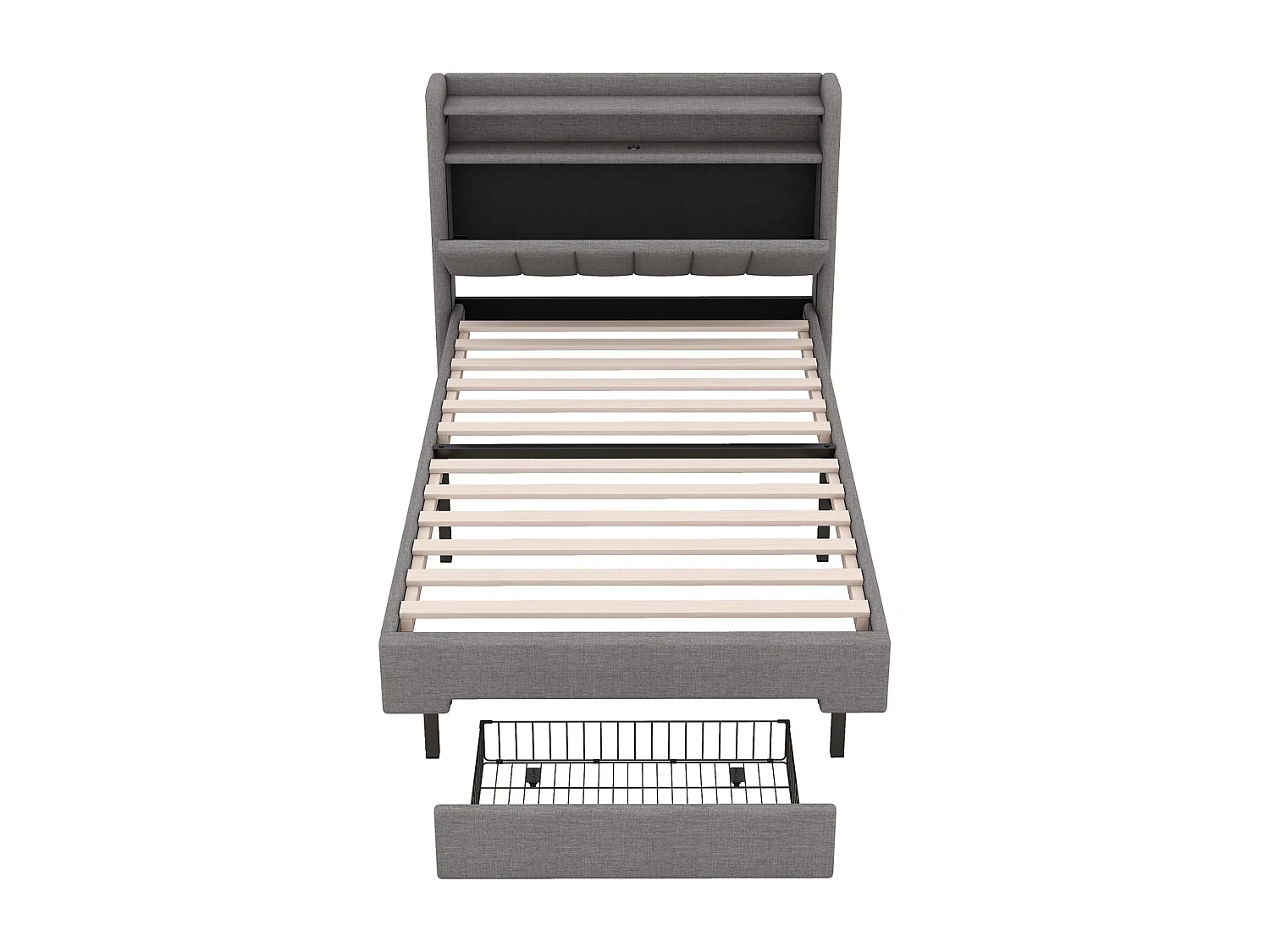 Cama individual 90x200cm, con 1 cajón, puerto de carga, somier y cabecero LED con espacio de almacenamiento, lino de algodón, gris