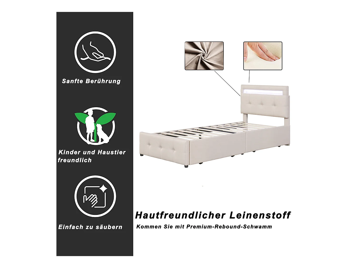 Lit simple 90x200cm - Lit enfant capitonné avec 2 tiroirs, sommier à lattes et tête de lit LED - Lin Beige