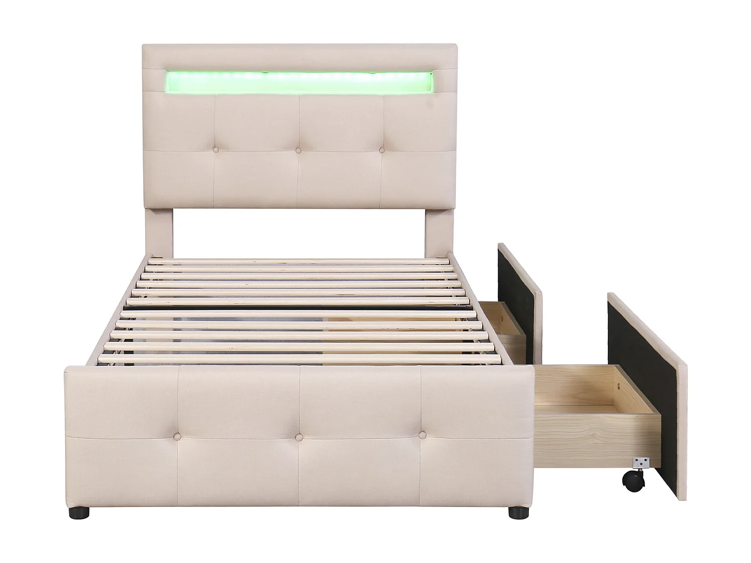 Lit simple 90x200cm - Lit enfant capitonné avec 2 tiroirs, sommier à lattes et tête de lit LED - Lin Beige