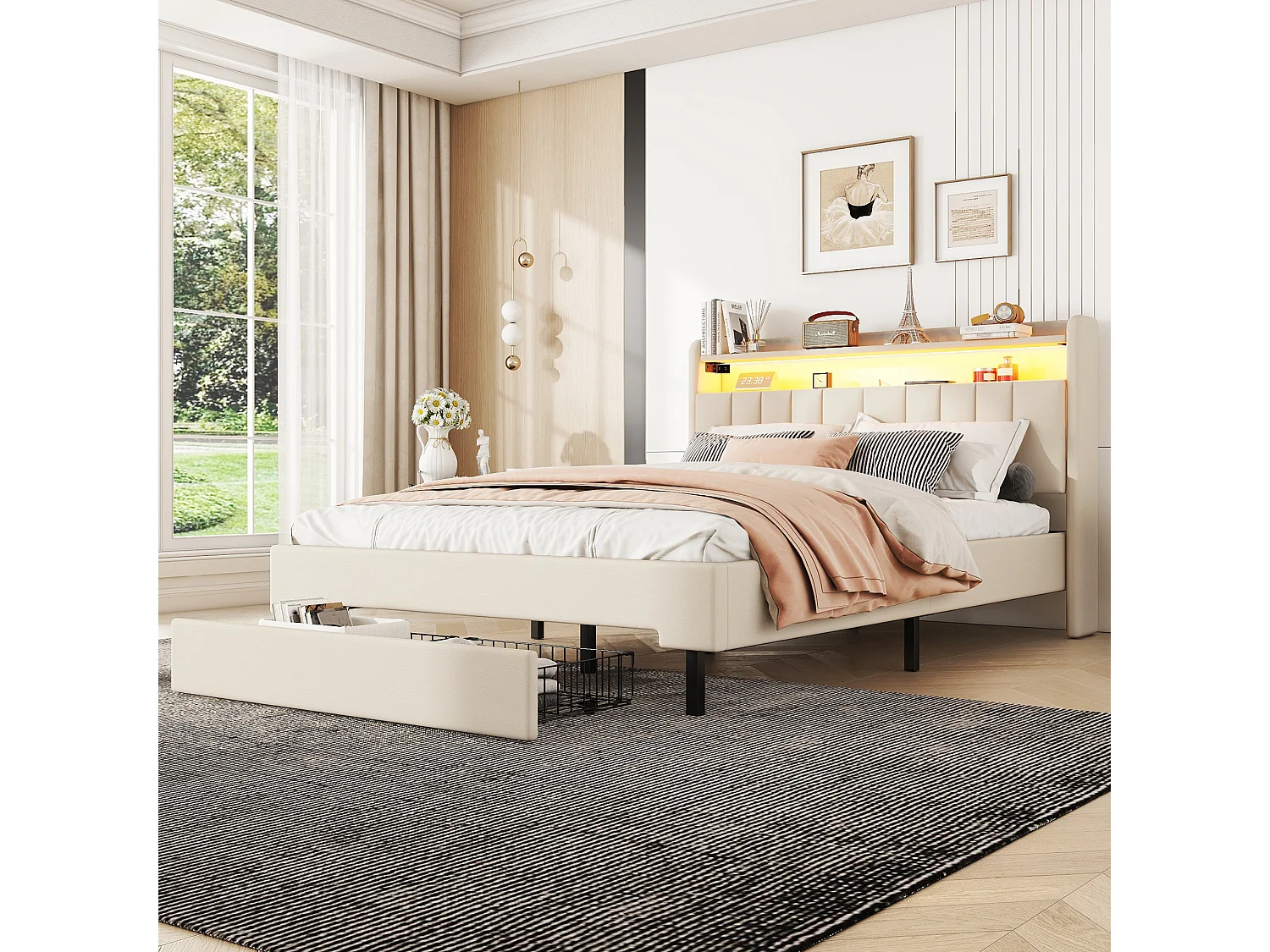 Lit double 140x200cm, avec 2 tiroirs, port charge, sommier à lattes et tête de lit LED avec espace de rangement, cotton Lin, beige