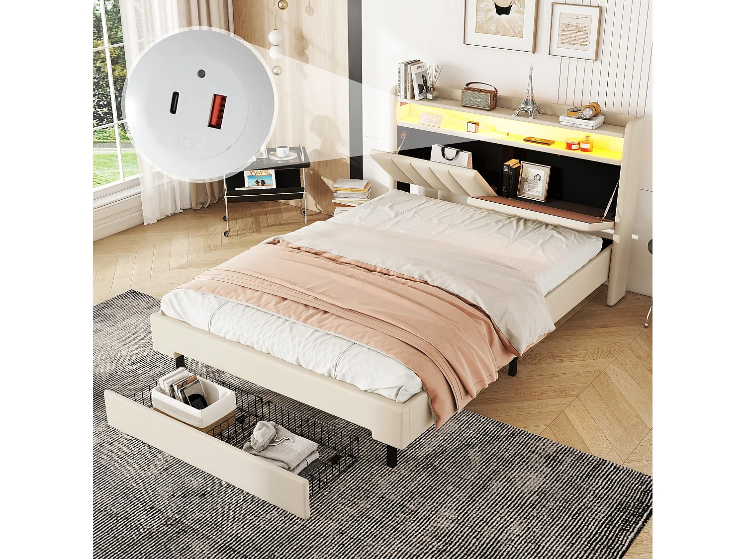 Lit double 140x200cm, avec 2 tiroirs, port charge, sommier à lattes et tête de lit LED avec espace de rangement, cotton Lin, beige