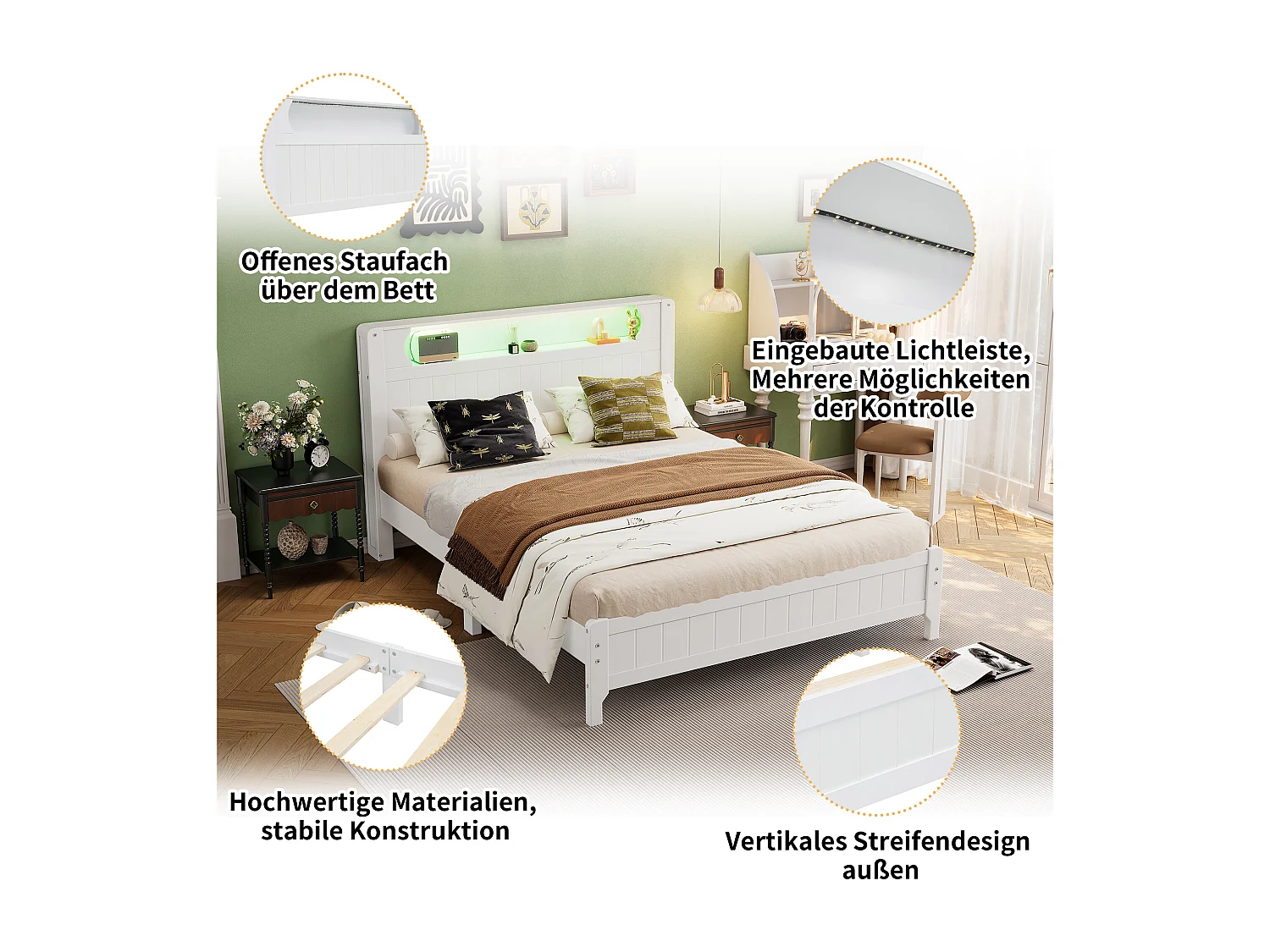 Cama de casal 140x200 cm com prateleira aberta e faixa de luz, cama de plataforma em pinho branco e MDF - Para adolescentes e adultos