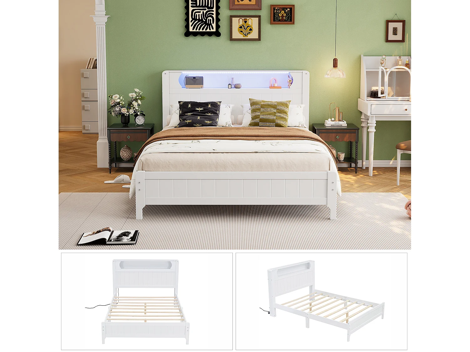 Cama de casal 140x200 cm com prateleira aberta e faixa de luz, cama de plataforma em pinho branco e MDF - Para adolescentes e adultos