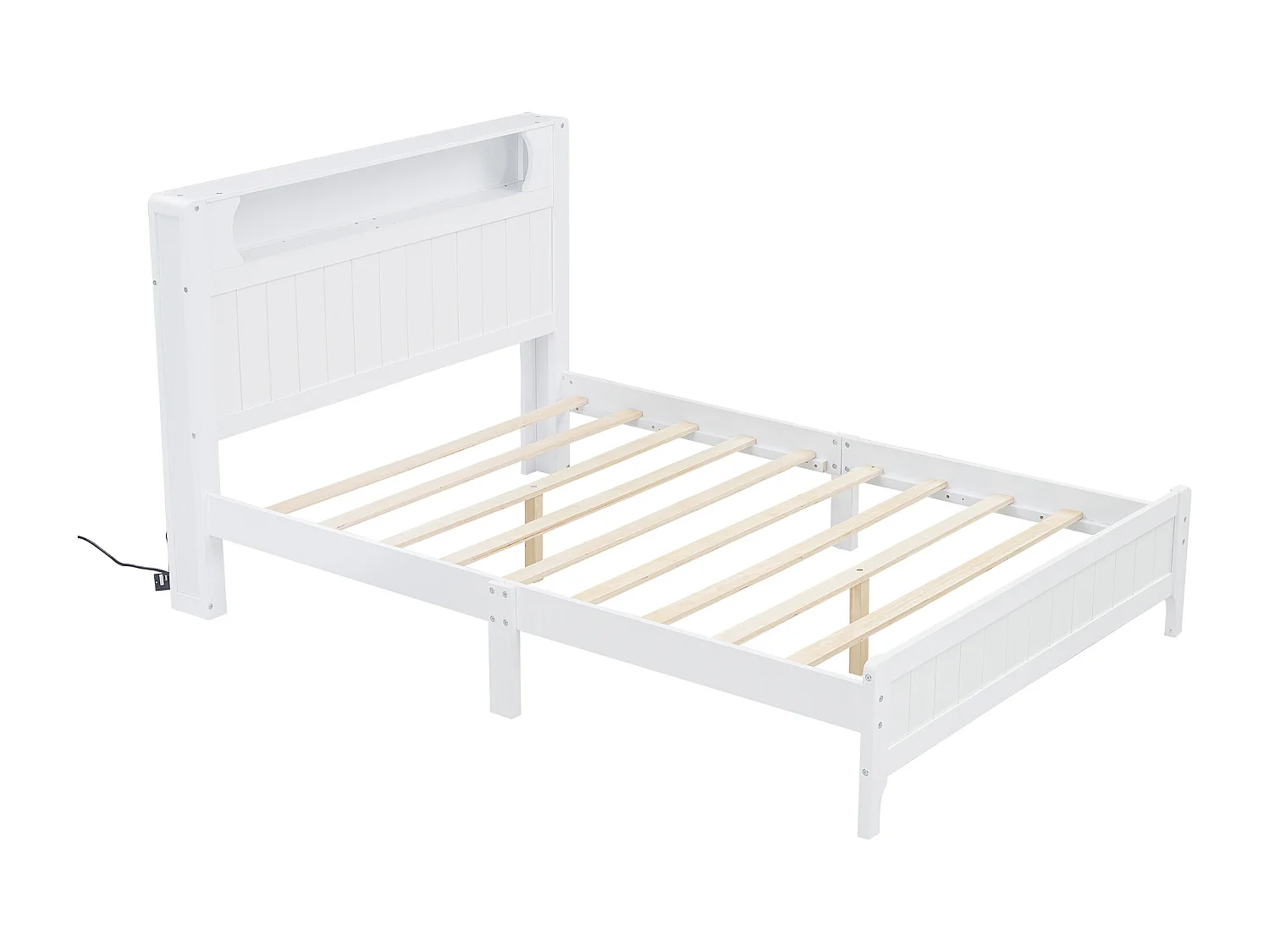 Cama de casal 140x200 cm com prateleira aberta e faixa de luz, cama de plataforma em pinho branco e MDF - Para adolescentes e adultos