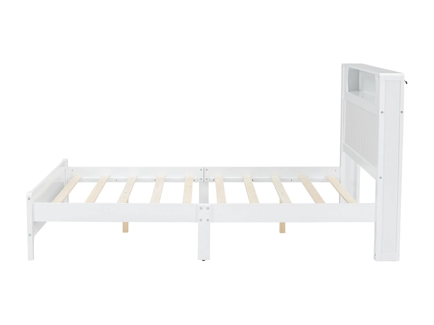 Cama de casal 140x200 cm com prateleira aberta e faixa de luz, cama de plataforma em pinho branco e MDF - Para adolescentes e adultos