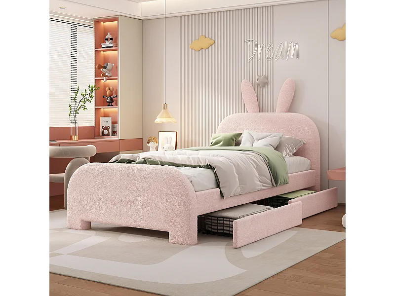 Lit 90x200cm, lit simple enfant avec 2 tiroirs, sommier à lattes et tête de lit en forme de lapin, en laine de mouton, rose