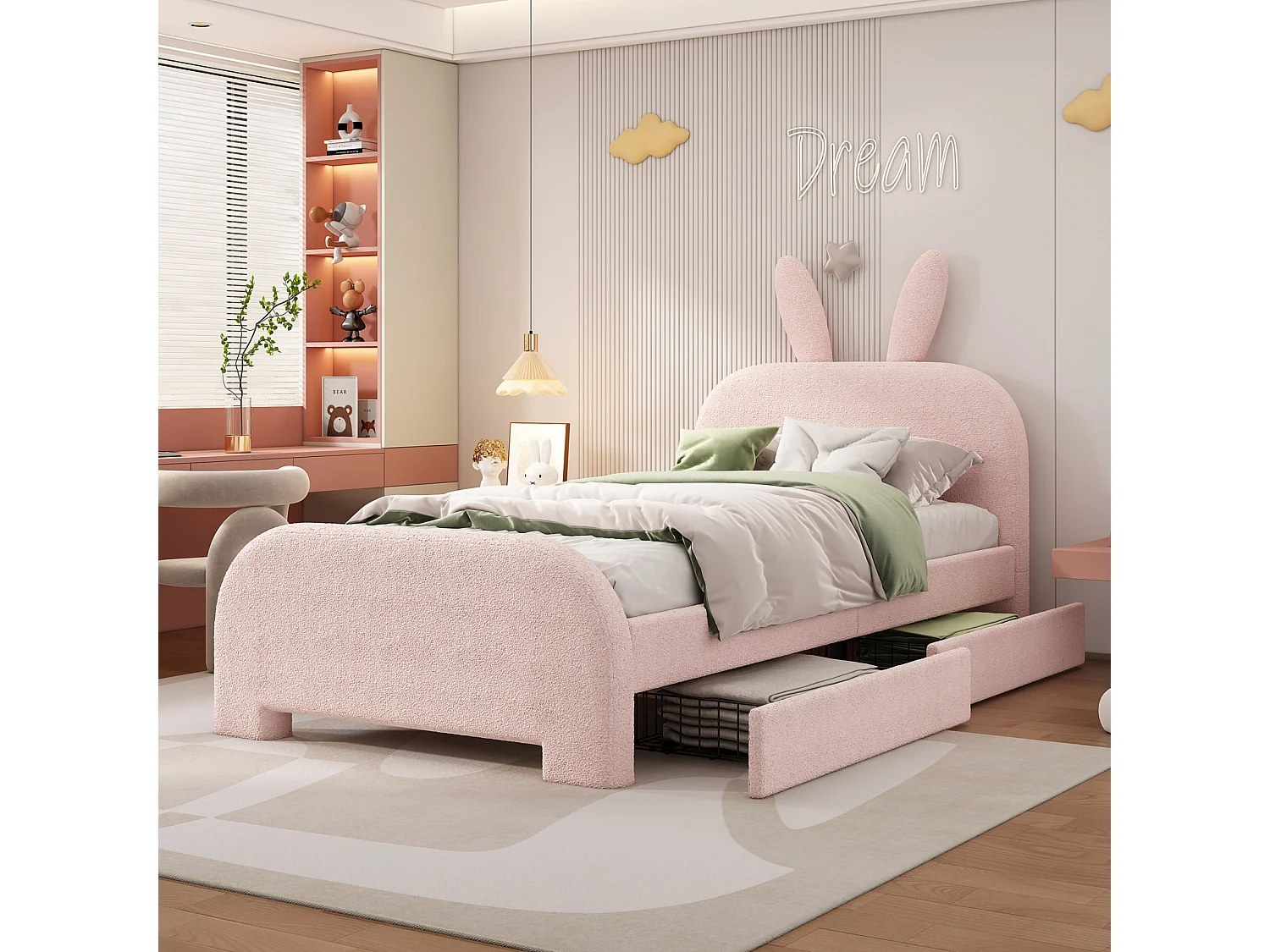 Lit 90x200cm, lit simple enfant avec 2 tiroirs, sommier à lattes et tête de lit en forme de lapin, en laine de mouton, rose
