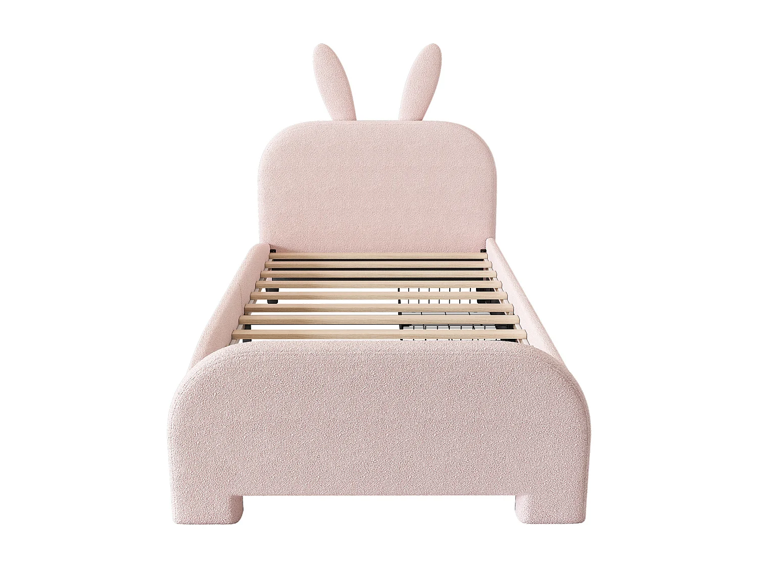 Lit 90x200cm, lit simple enfant avec 2 tiroirs, sommier à lattes et tête de lit en forme de lapin, en laine de mouton, rose