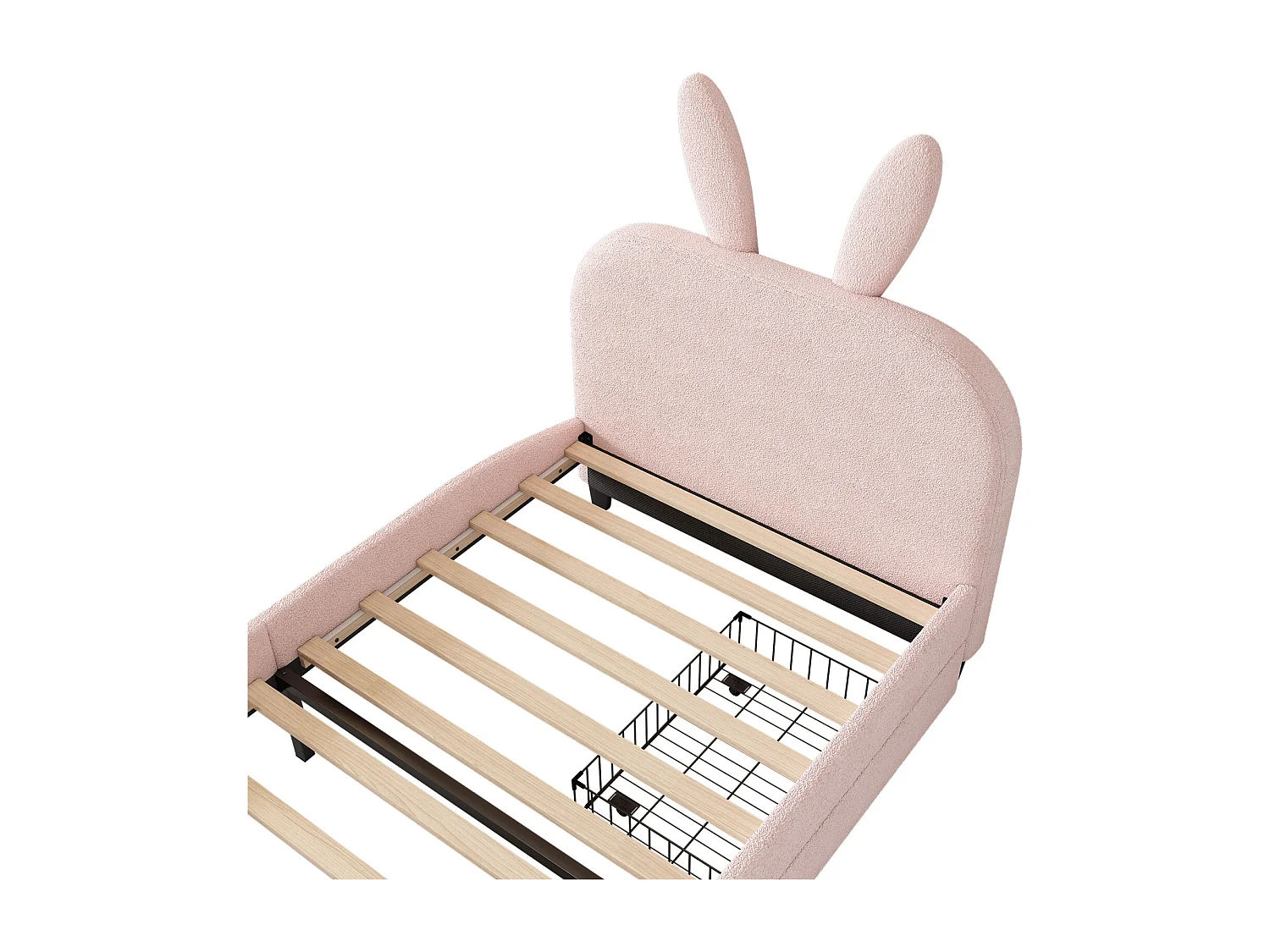 Lit 90x200cm, lit simple enfant avec 2 tiroirs, sommier à lattes et tête de lit en forme de lapin, en laine de mouton, rose